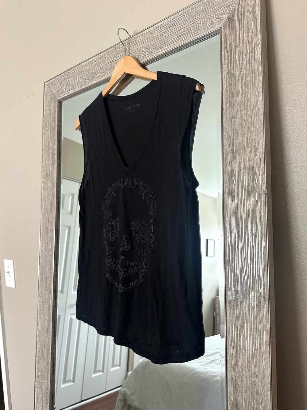 Zadig & Voltaire Black Modal Cotton Blend Skull V-Neck Top Size Medium